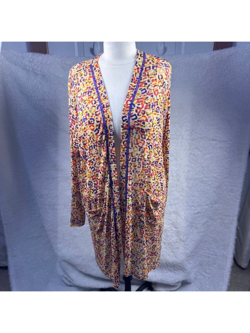 LOGO Lori Goldstein XL Colorful Open Front Lightweight Cardigan bamboo Leopard